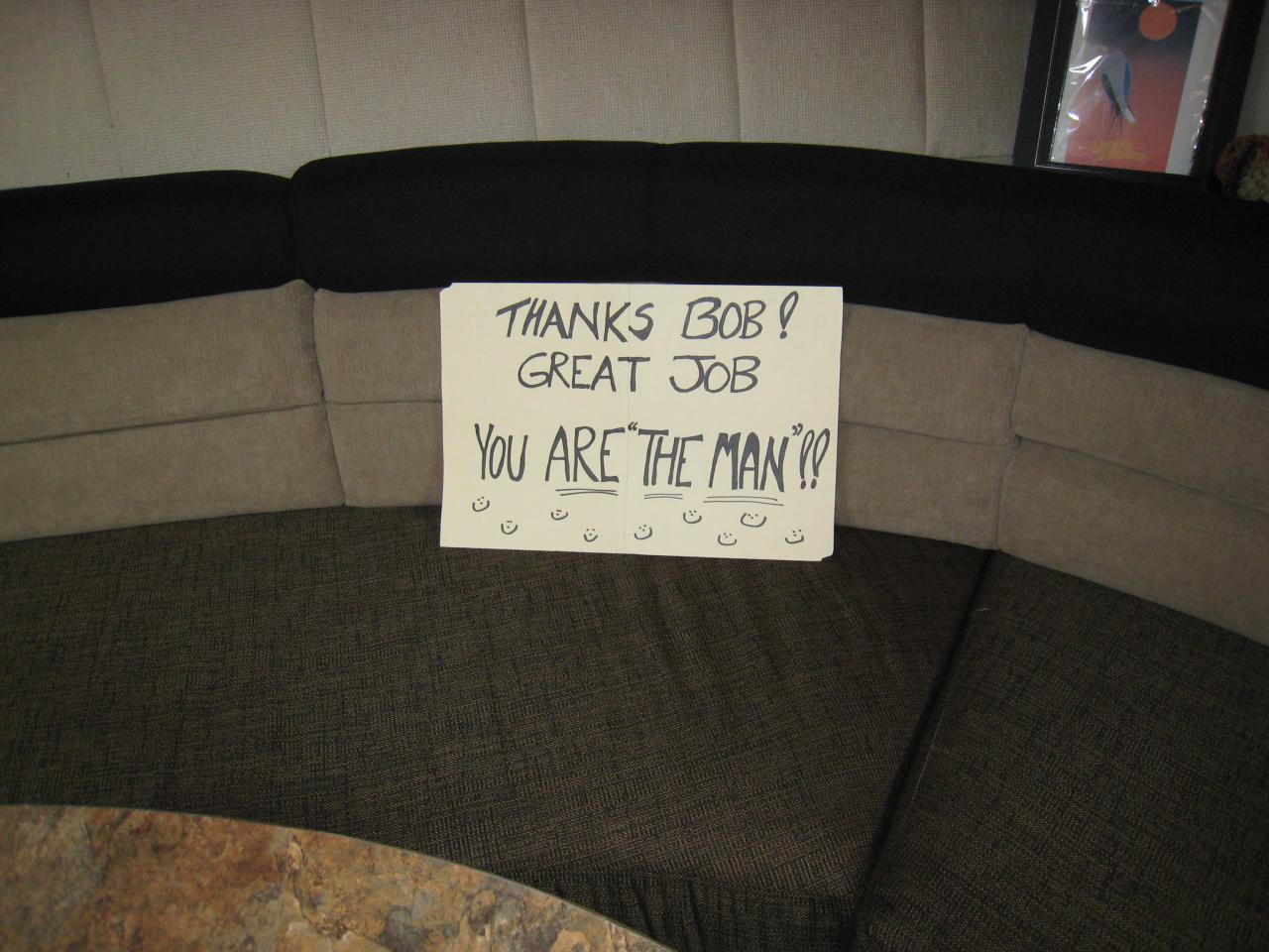 Handwritten thank-you note pictured with marine upholstery on Bob’s original website